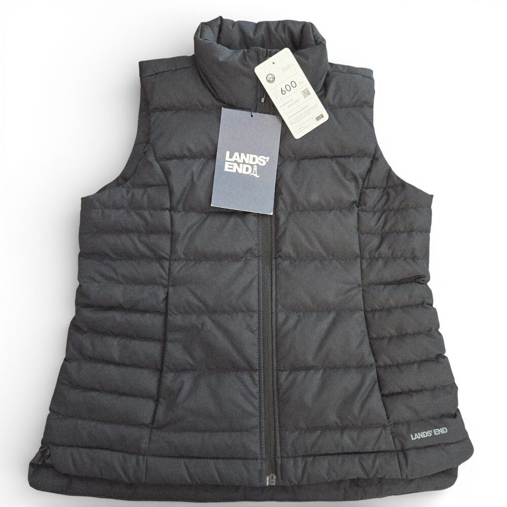 Lands End Quilted Feather Down 600 Puffer‎ Vest Size XS Petite Jacket Black NEW
